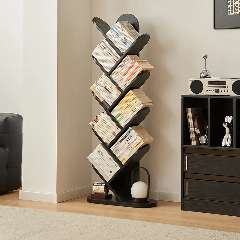 实木书架树形一体落地置物架家用靠墙多层收纳架书房简易阅读立架