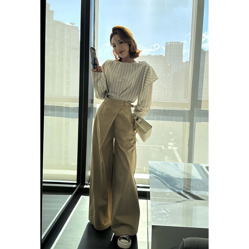【娇娇私服定制】新款高腰直筒钗扣拖地休闲裤(裤长100)82004#