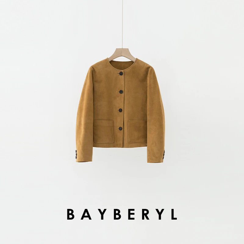 Z6-BAYBERYL老贝旧金山*绒面缪圆领单排扣时尚25春皮衣PY5A1143