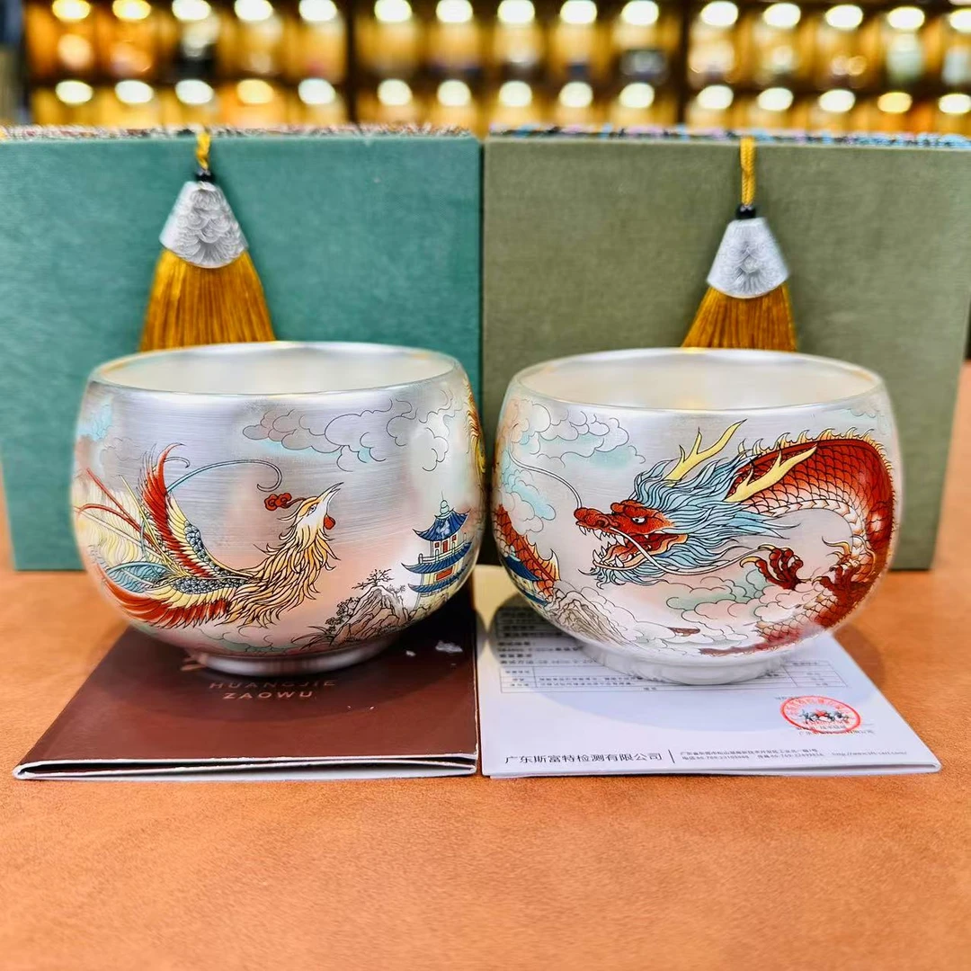 KZH0004-鎏银祥龙主人杯+鎏银主人杯（凤）+两个刺绣礼盒