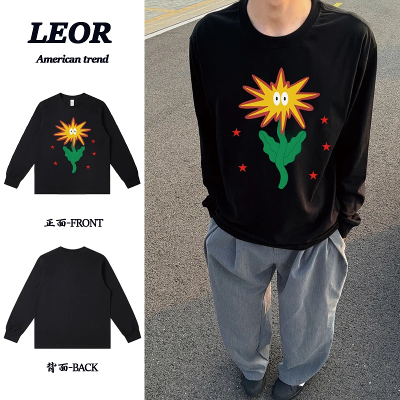 美式复古街头宽松休闲潮流趣味太阳花印花重磅长袖T恤男女同款