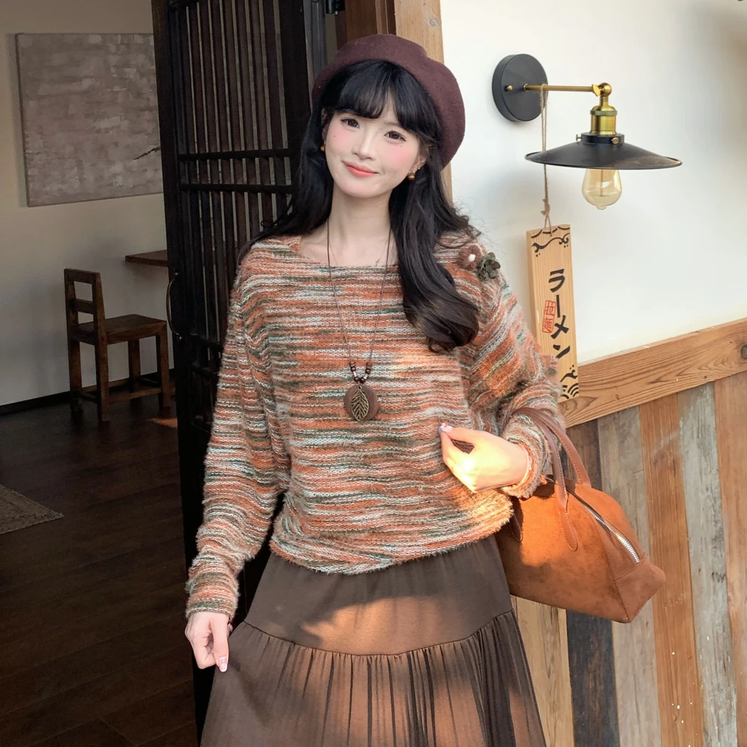 慕兔法式独特设计感拼接长袖针织衫女2025秋新款设计感小众百搭