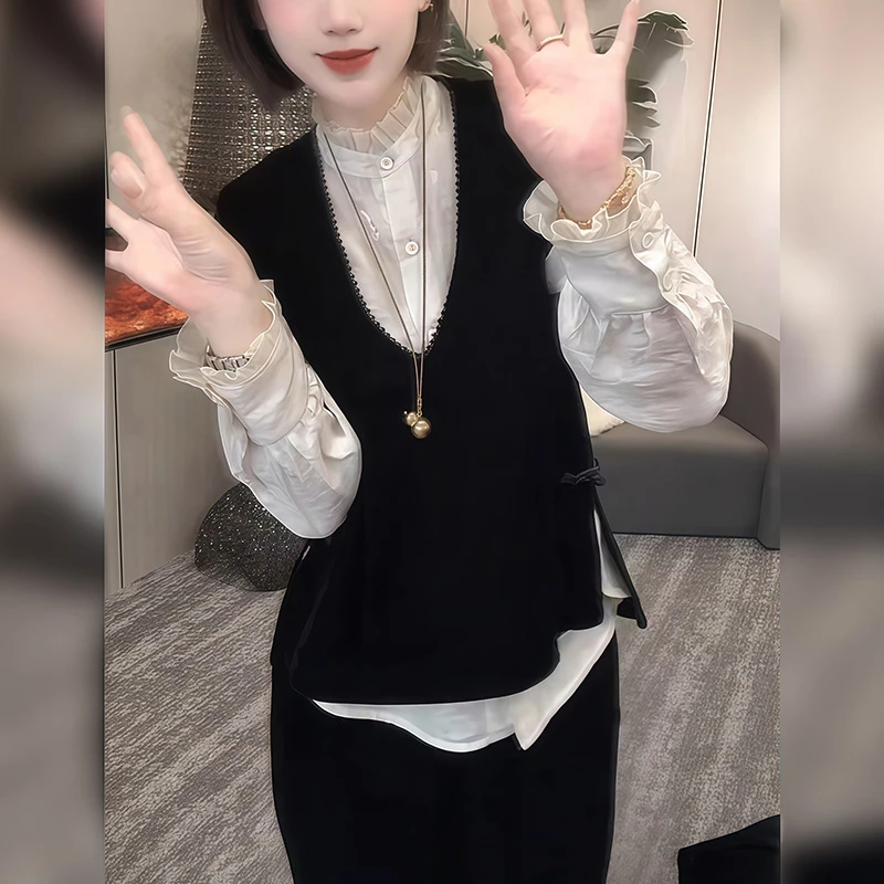 早秋新款百搭简约洋气宽松时尚韩系显瘦无袖马甲叠穿衬衫两件套潮