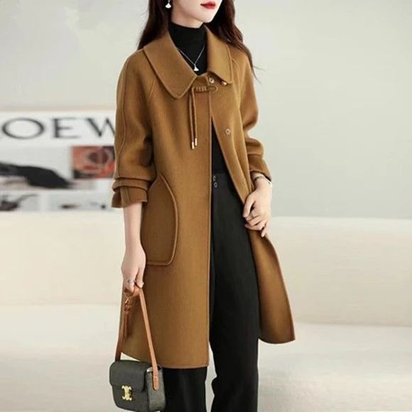 2025秋冬新款双面呢大衣女中长款娃娃领小个羊毛呢洋气双面绒外套