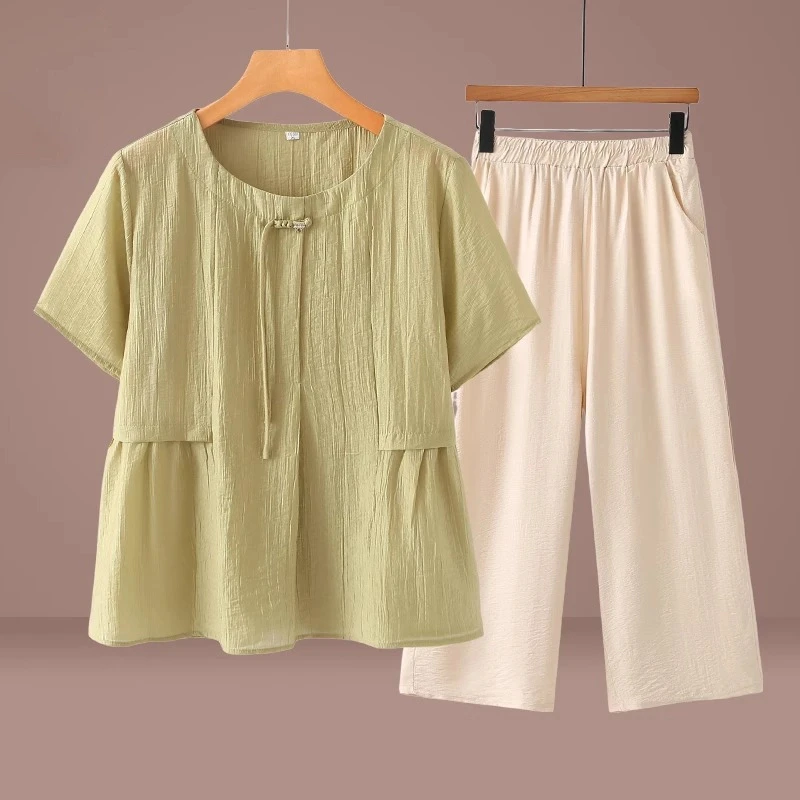 小个子妈妈夏装时尚衬衫洋气2025新款中老年女夏季短袖T恤两件套