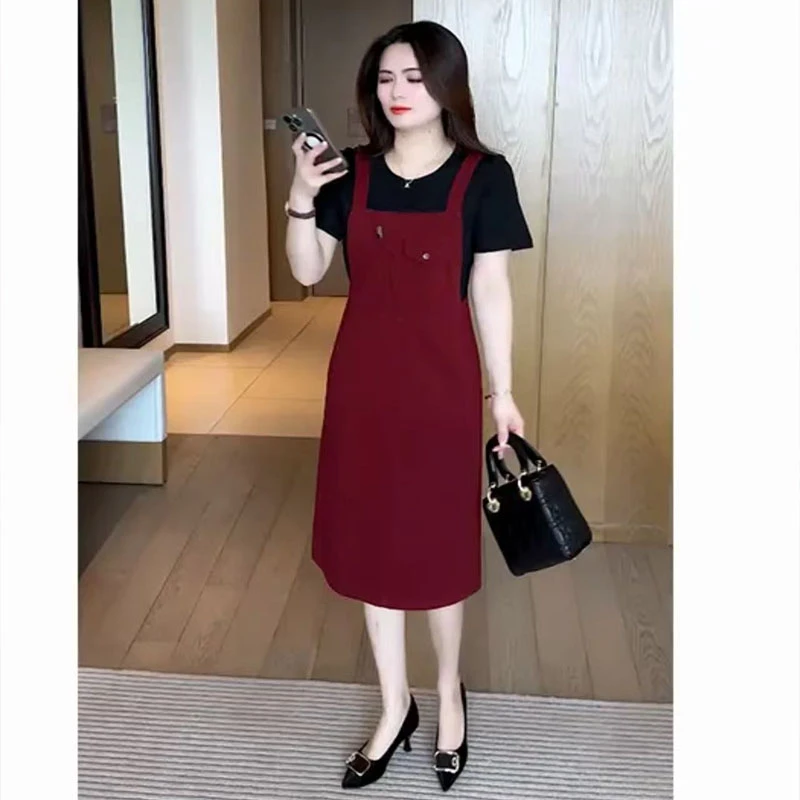 假两件时尚背带裙夏季新款宽松显瘦洋气特色休闲中长裙