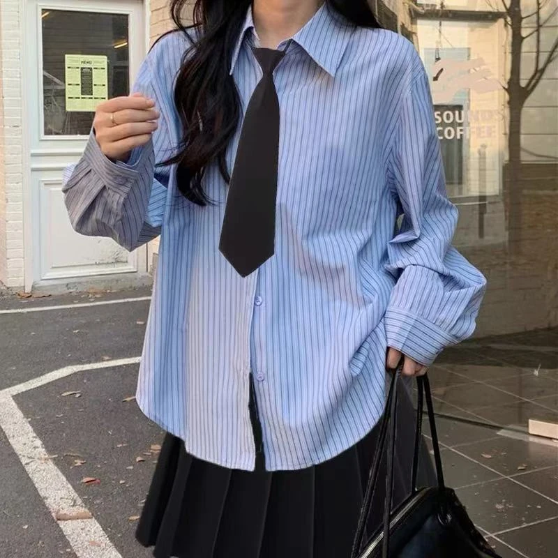 9066三件休闲衬衣百褶裙套装百搭含领带学院风衬衣套装