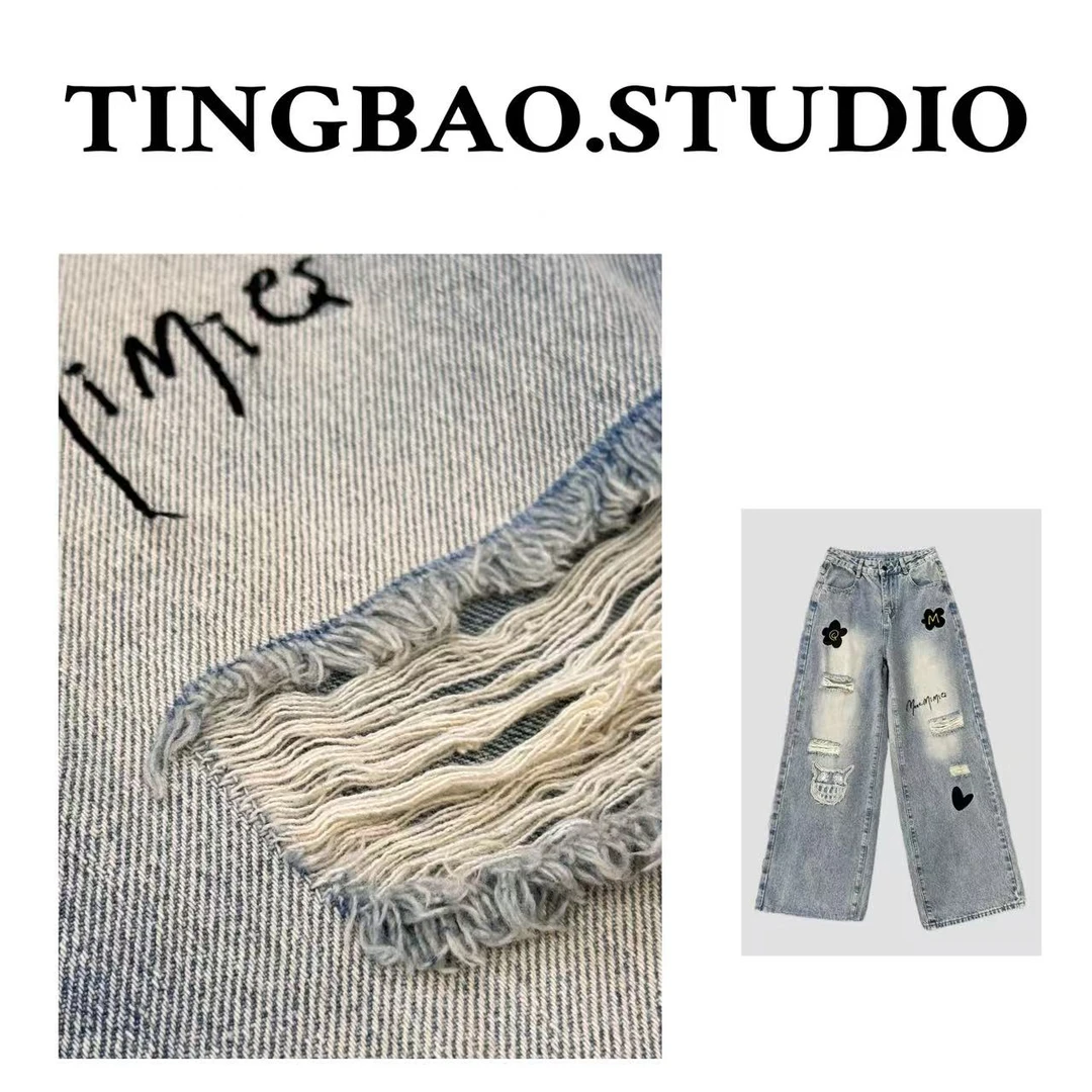 【花朵牛牛】春季新款重工破洞洗水工艺刺绣字母花朵牛仔裤M 6006