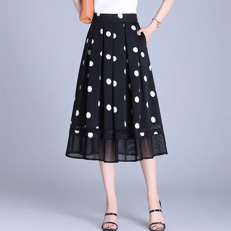 网纱拼接a字百褶裙女2025夏季新款高腰中长款洋气减龄波点半身裙