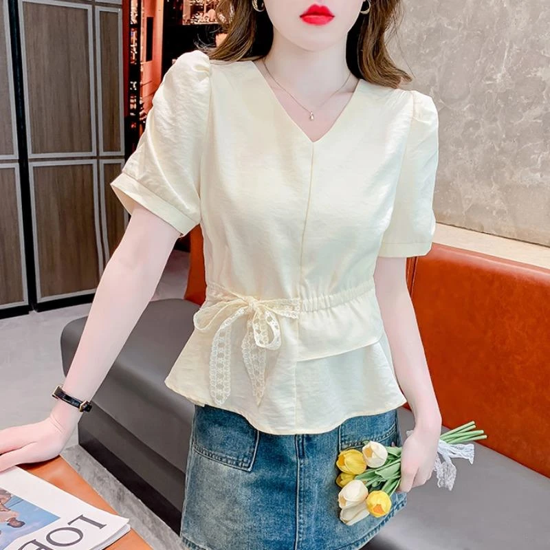 淳启2025新款蕾丝拼接短袖衬衫女夏季爆款小衫独特超好看漂亮气质