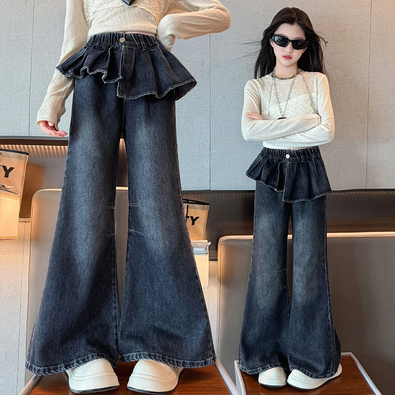 女童裤子秋装2025新款韩系中大童牛仔喇叭裤宽松洋气百搭微喇长裤