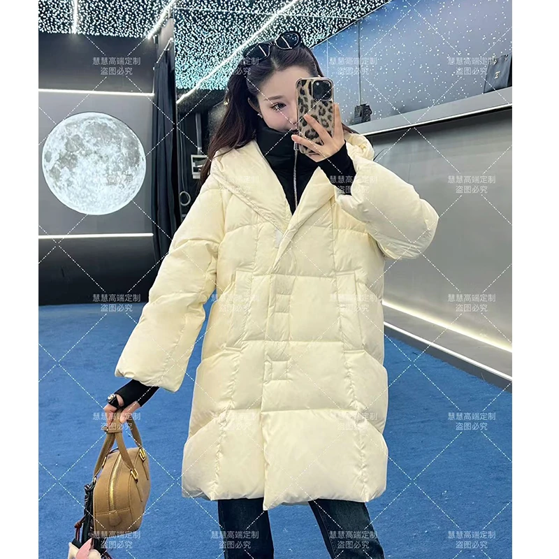 90白鹅绒羽绒服女中长款2024年新款假两件设计加厚冬季外套