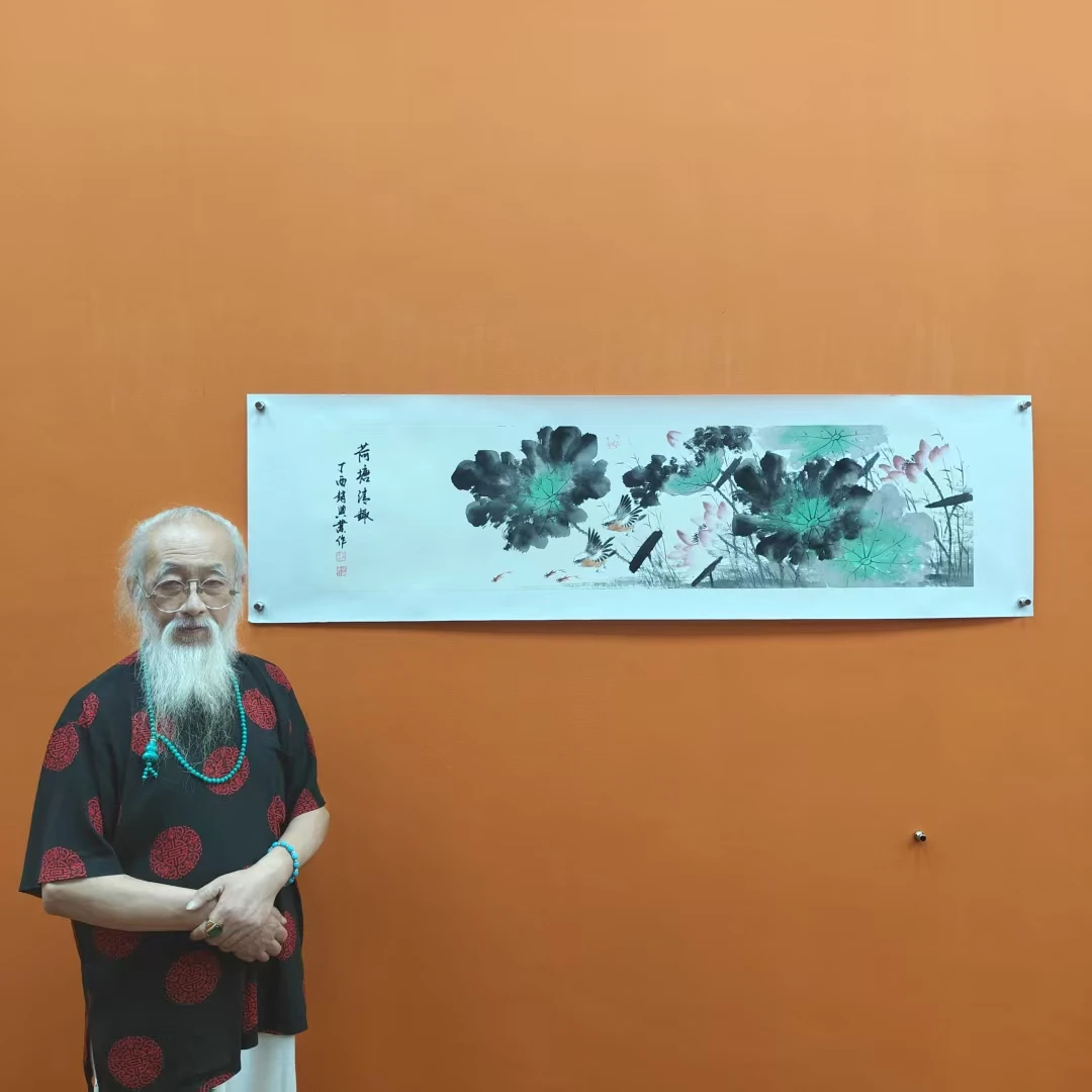 赵兴业《荷塘清趣》四尺对开 托裱 136*34cm -古墨堂3