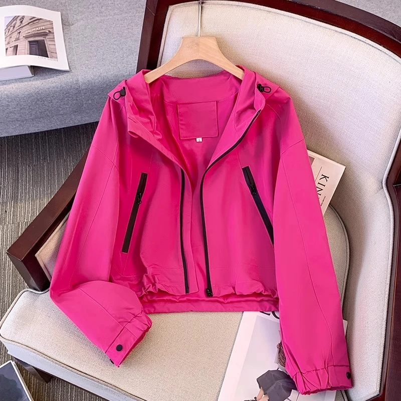 拉夏贝尔工装短外套女2025春秋新款防风连帽冲锋衣百搭上衣