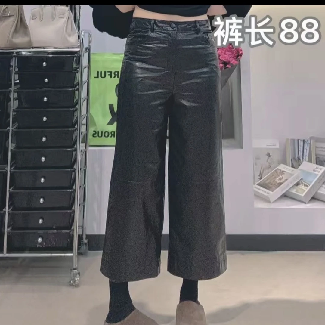 新款真皮女士九分阔腿皮裤复古油蜡牛皮休闲百搭时尚