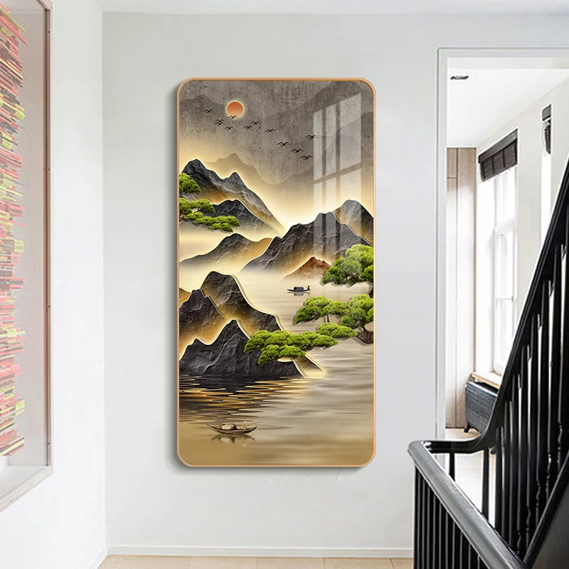 70新中式山水客厅装饰画玄关走廊过道带灯挂画现代牡丹圆角壁画