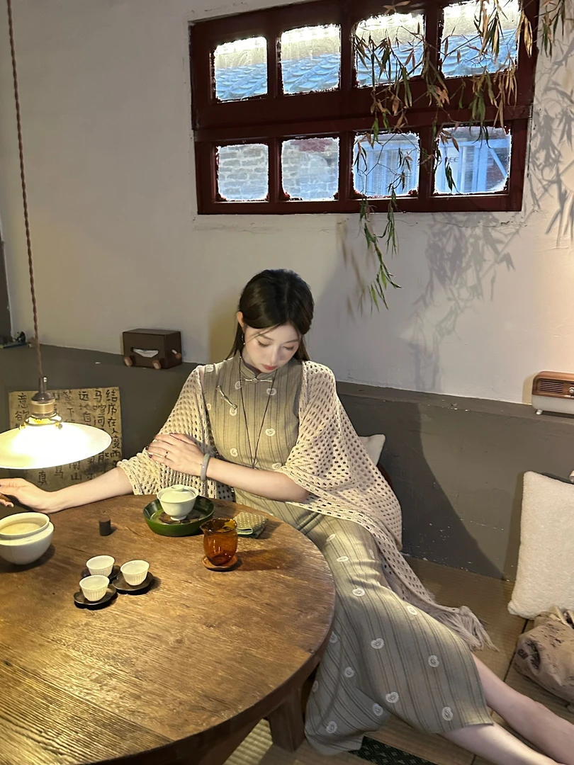 EIA一尧新中式国风【浮生半日】古朴雅致条纹旗袍连衣裙显瘦气质裙