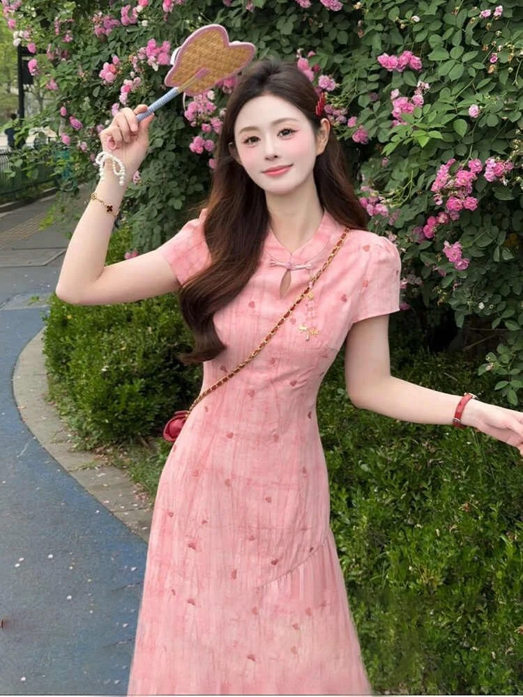 【袅袅江南】新中式改良旗袍晕染爱心旗袍夏新品俏皮少女感连衣裙