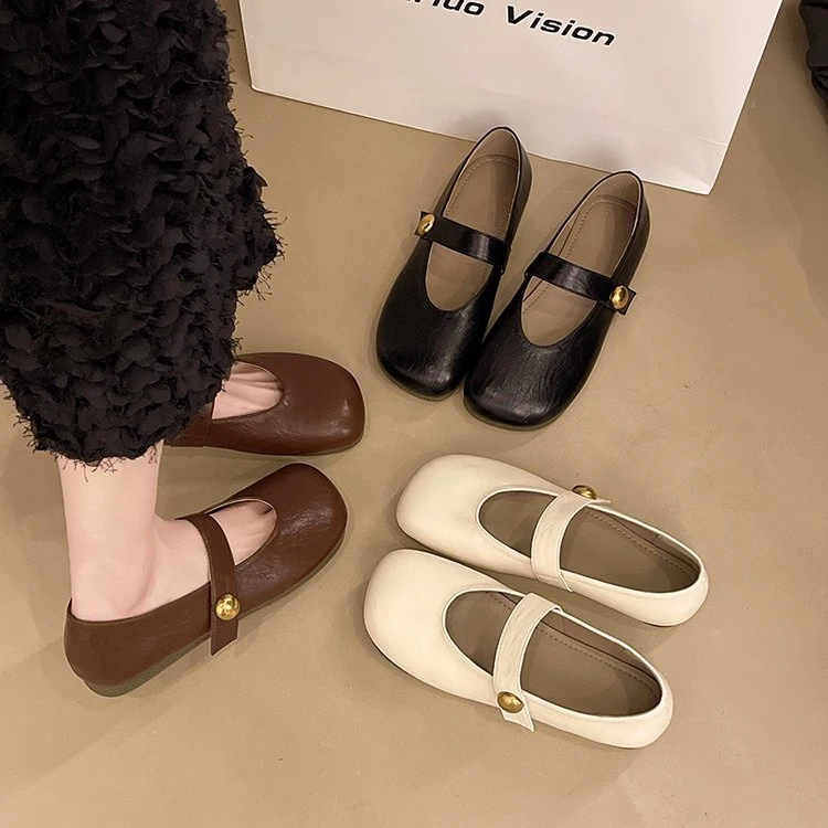 复古一字带平底玛丽珍鞋女2025春款法式配裙子浅口软底单鞋芭蕾鞋