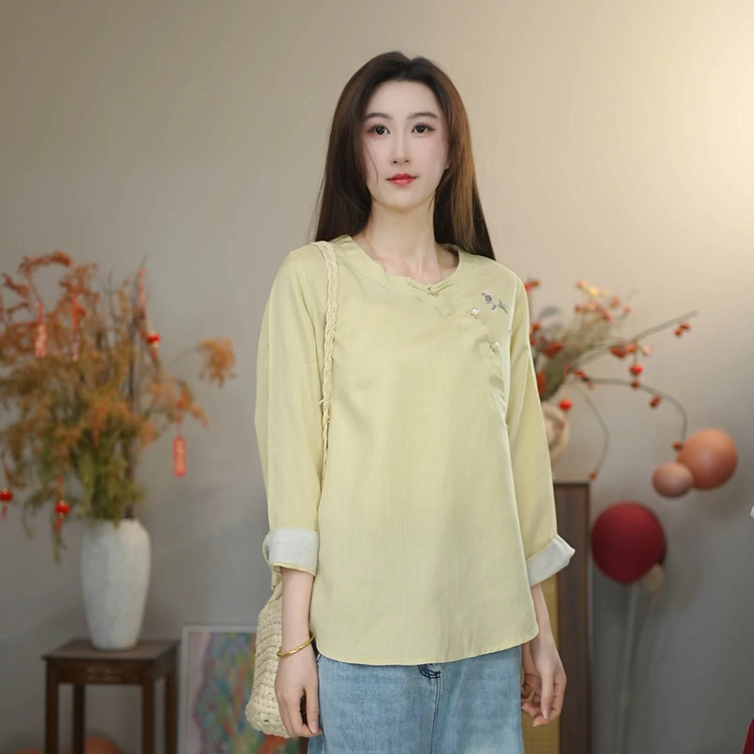 【9069人好评】新中式春夏款亚麻刺绣茶服小衫纯色透气亲肤
