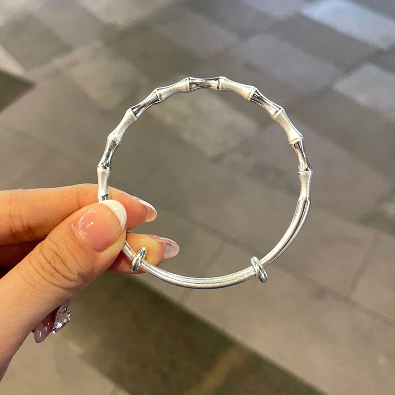 足银手镯 竹报平安推拉 磨砂竹节气质时尚简约百搭光面轻奢