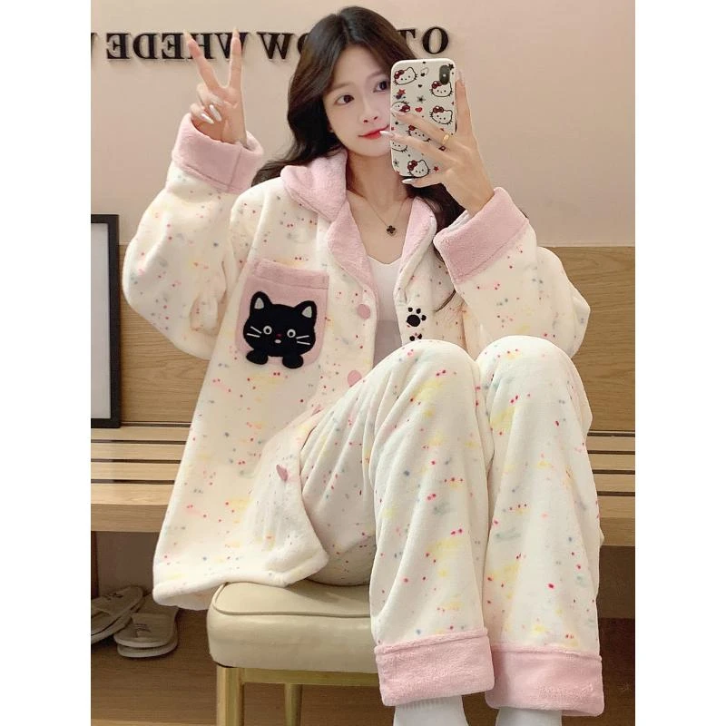 珊瑚绒睡衣女款秋冬季保暖加绒加厚法兰绒猫咪女士春天家居服套装