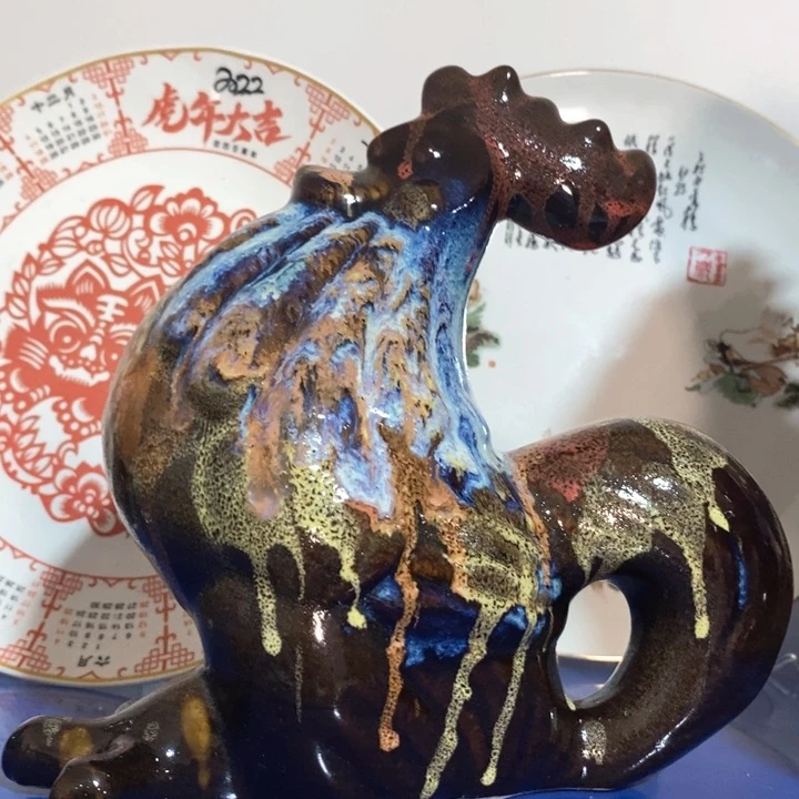 瓷片窑变大公鸡摆件底有裂介意勿拍