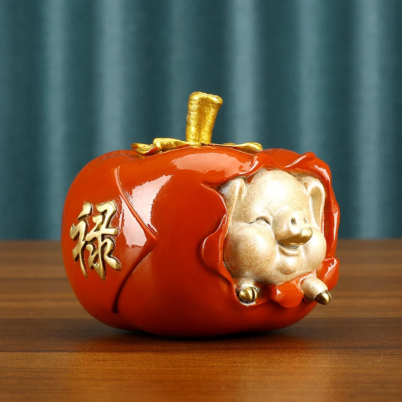 彩铜中式吉祥福猪柿子诸事顺遂摆件桌面饰品生日商务办公家居通用