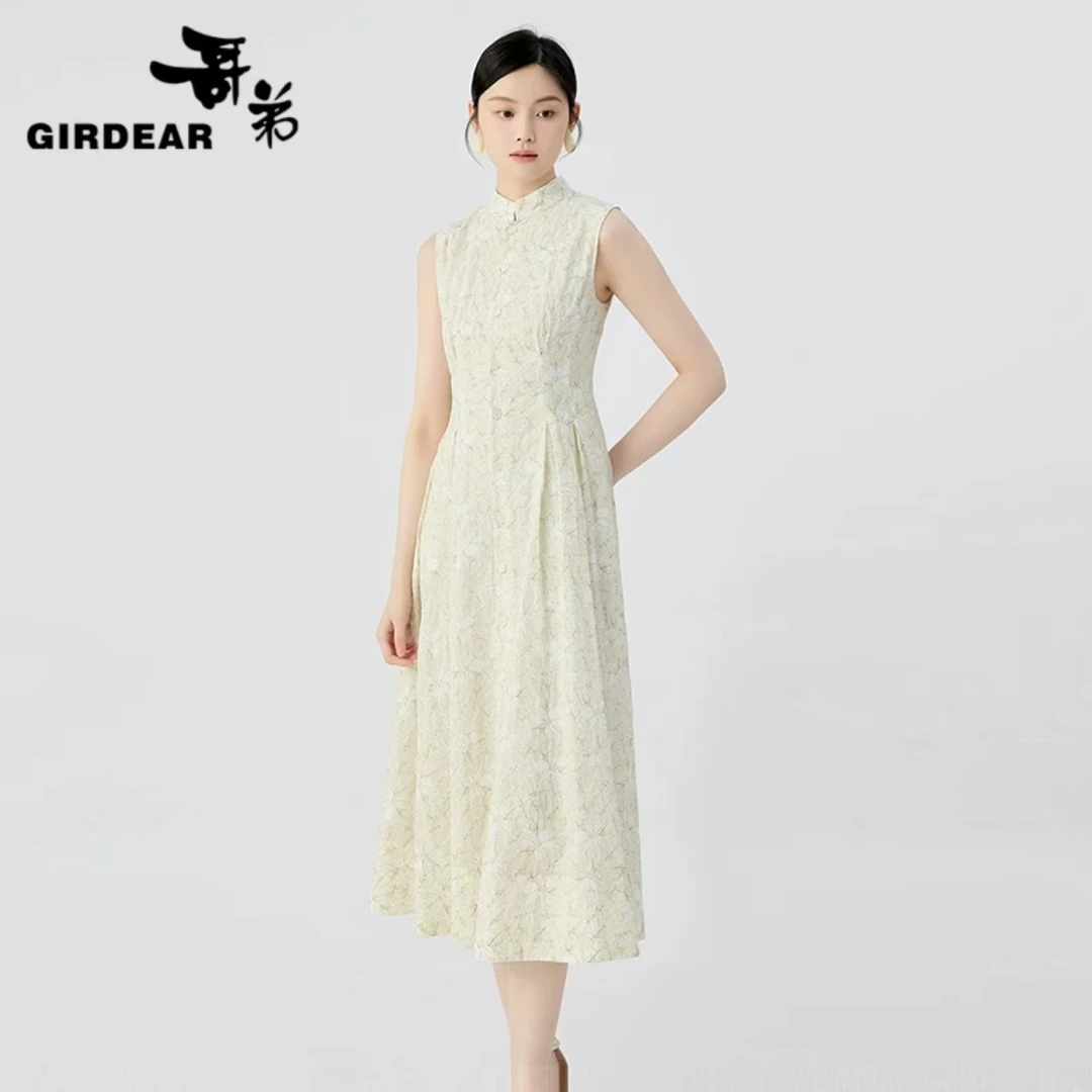 哥弟时尚青春清雅新中式小立领机理印花无袖连衣裙女洋装1500535