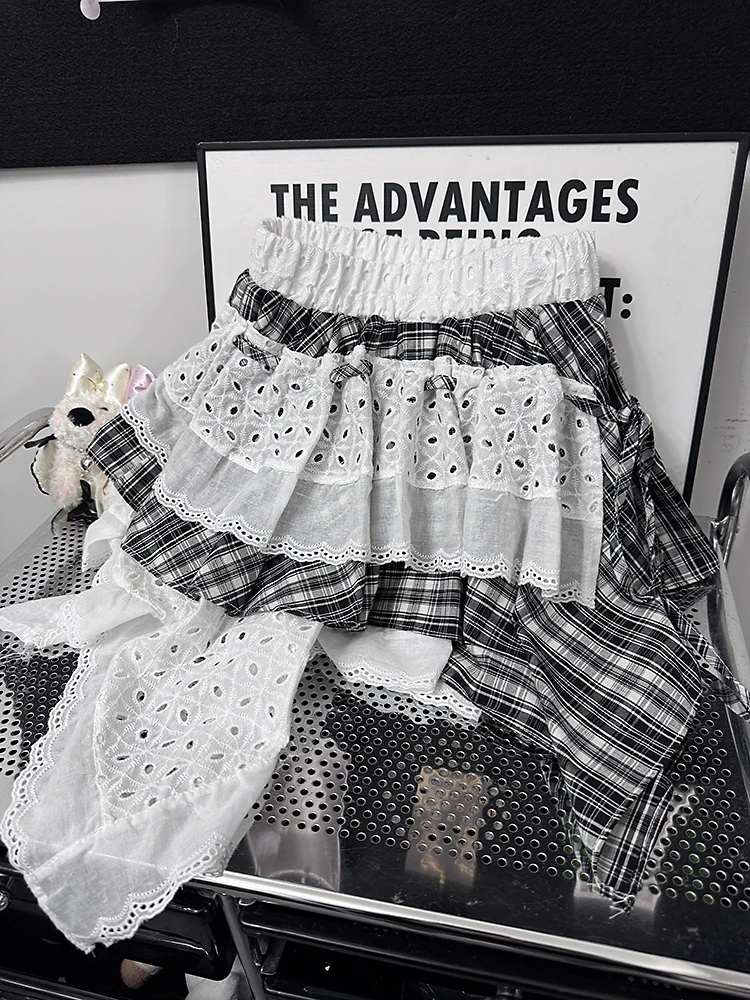 春夏新款不规则剪裁设计个性辣妹短裙拼接蕾丝半身裙有防走光里衬