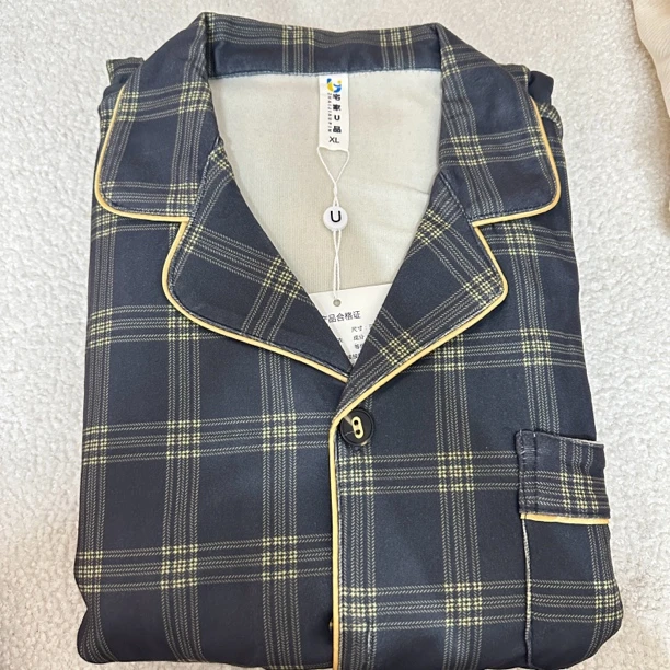 男士秋冬季德绒黄灰格家居服套装