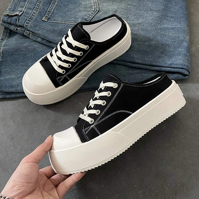 2025夏季新款踩跟帆布鞋男半拖百搭两穿情侣款女男士休闲踩脚板鞋