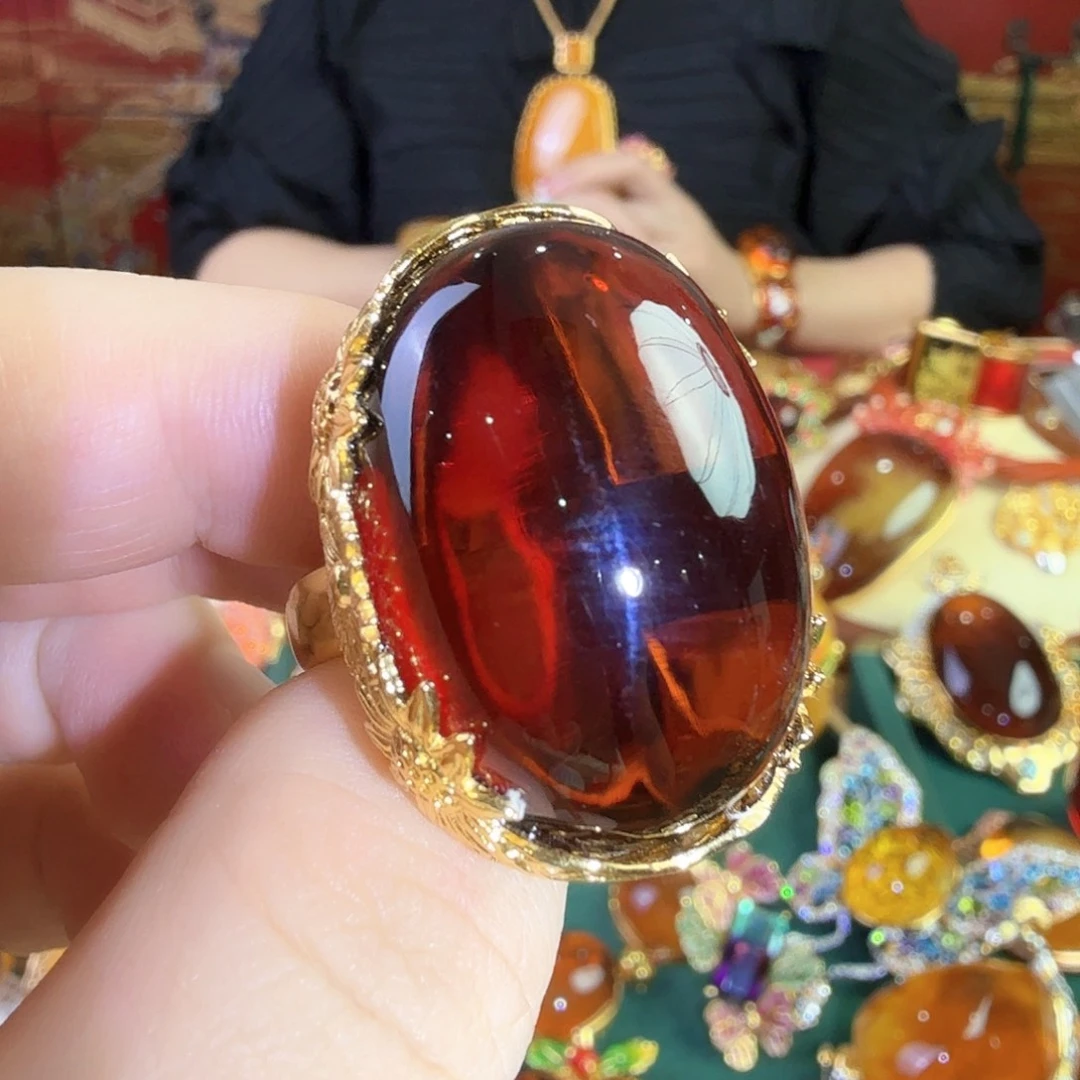 血珀银S925镀金镶嵌戒指