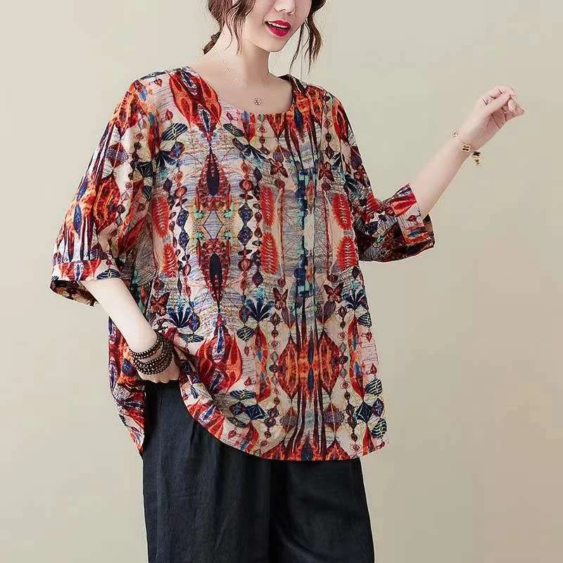 2025夏季新款中袖民族风印花宽松显瘦百搭洋气休闲T恤上衣女