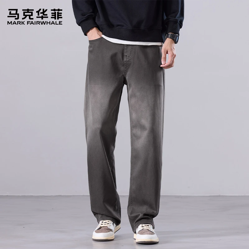 马克华菲莱赛尔天丝休闲裤男士2025秋季新款宽松直筒潮牌渐变裤子