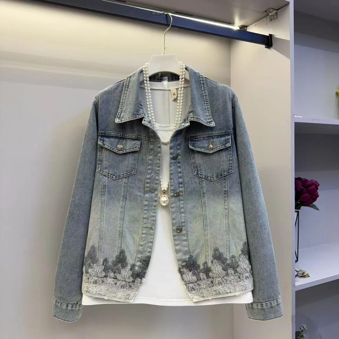 欧货2025新款牛仔拼蕾丝洋气时尚高级感外套