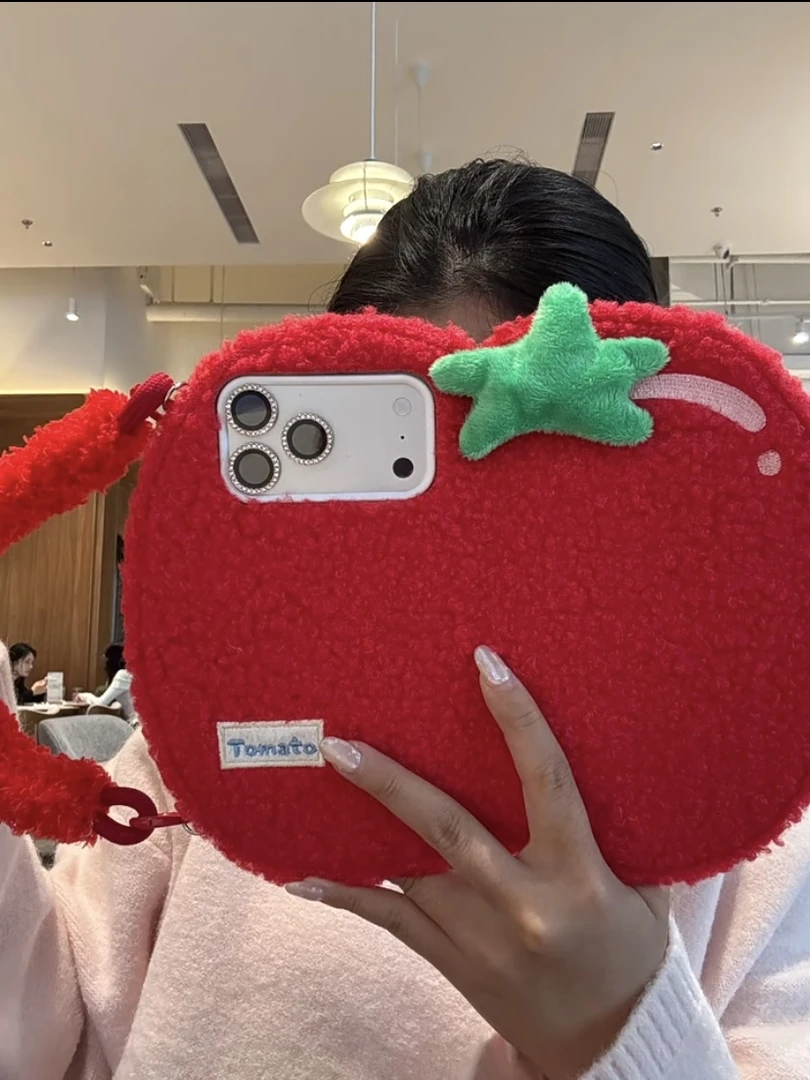 可爱翻盖毛绒西红柿标签适用iPhone17promax手机壳苹果16pro新15