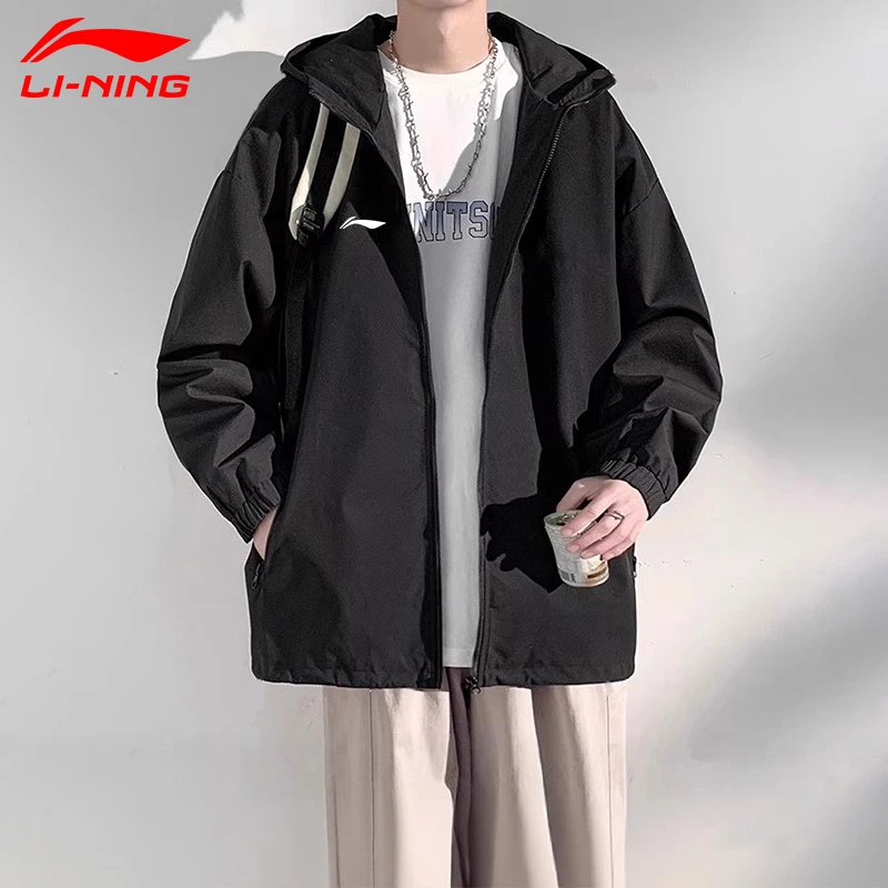 李宁夹克外套男春秋季防风连帽宽松百搭黑色潮流帅气休闲运动上衣