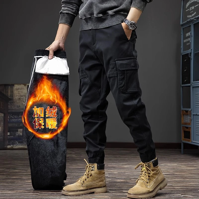 秋冬美式加厚多口袋加绒工装裤男2024冬季新款男士束脚长裤休闲裤