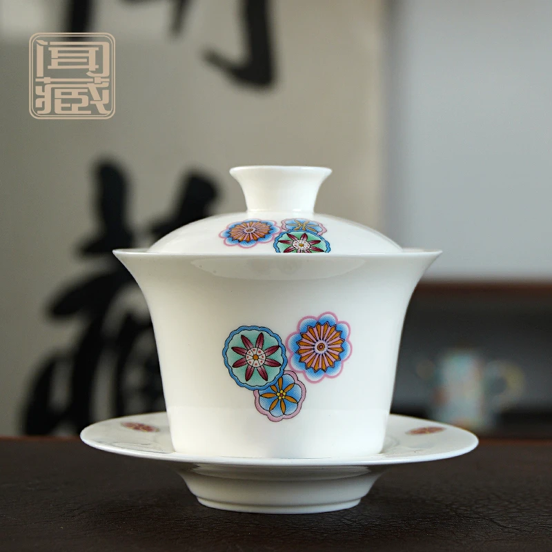 家用办公室送礼珐琅彩绣球花三才盖碗