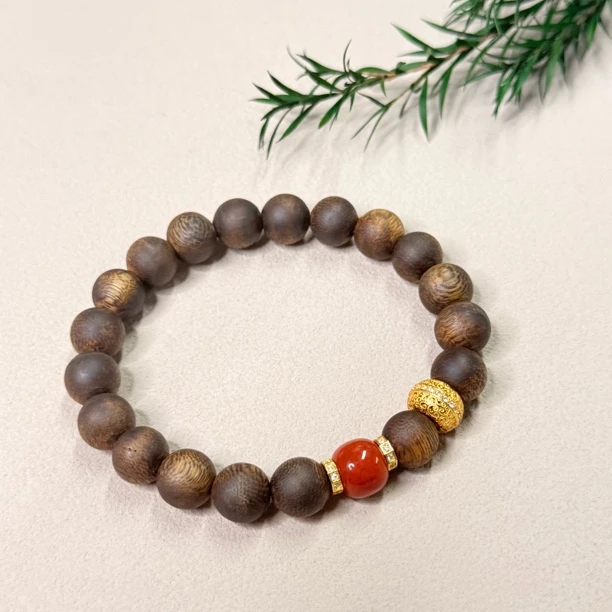 沉香【六六中古】天然沉香配南红翡翠s925手串te9580**