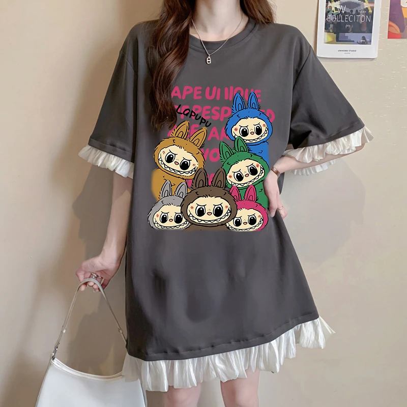 韩系网红洋气纯棉T恤裙女夏季爆款宽松大码卡通减龄百搭连衣裙子