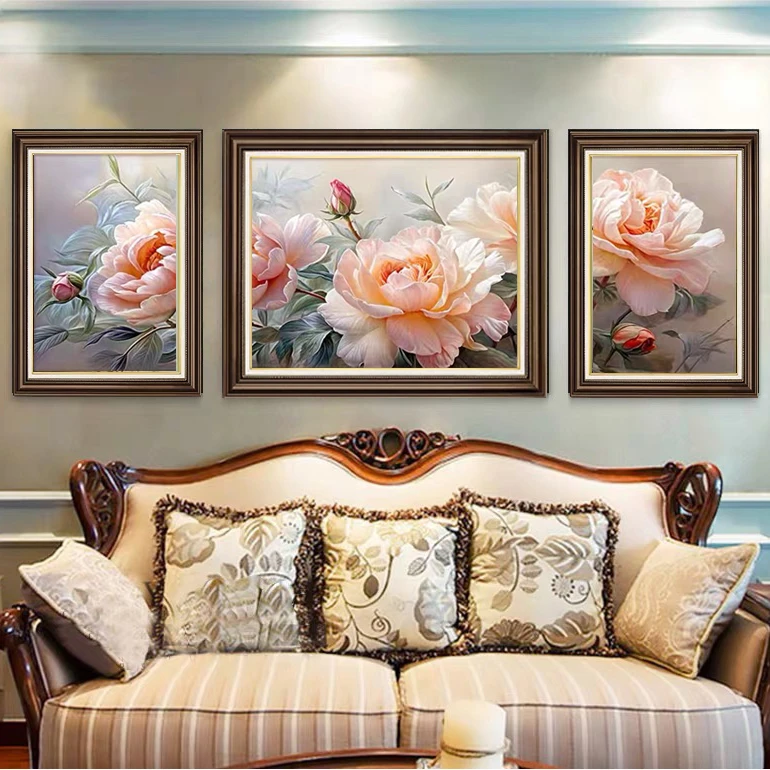 手工油画挂画客厅沙发背景挂画花开富贵牡丹花卉新中式欧式装饰画