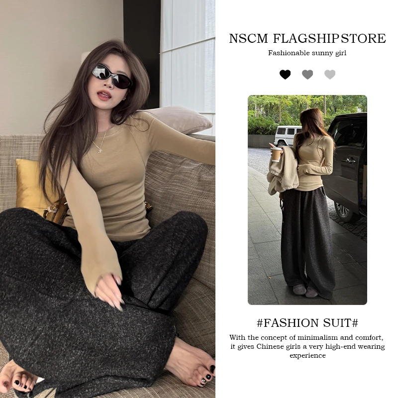 NSCM秋季新款潮牌女装韩版修身正肩圆领长袖t恤休闲百搭阔腿裤