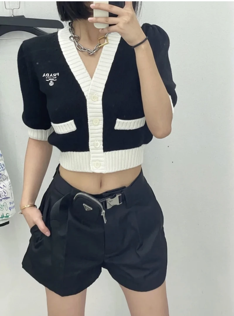 99新 Prada/普拉达 ff031 再生锦纶 黑色尼龙口袋战术包短裤 40码