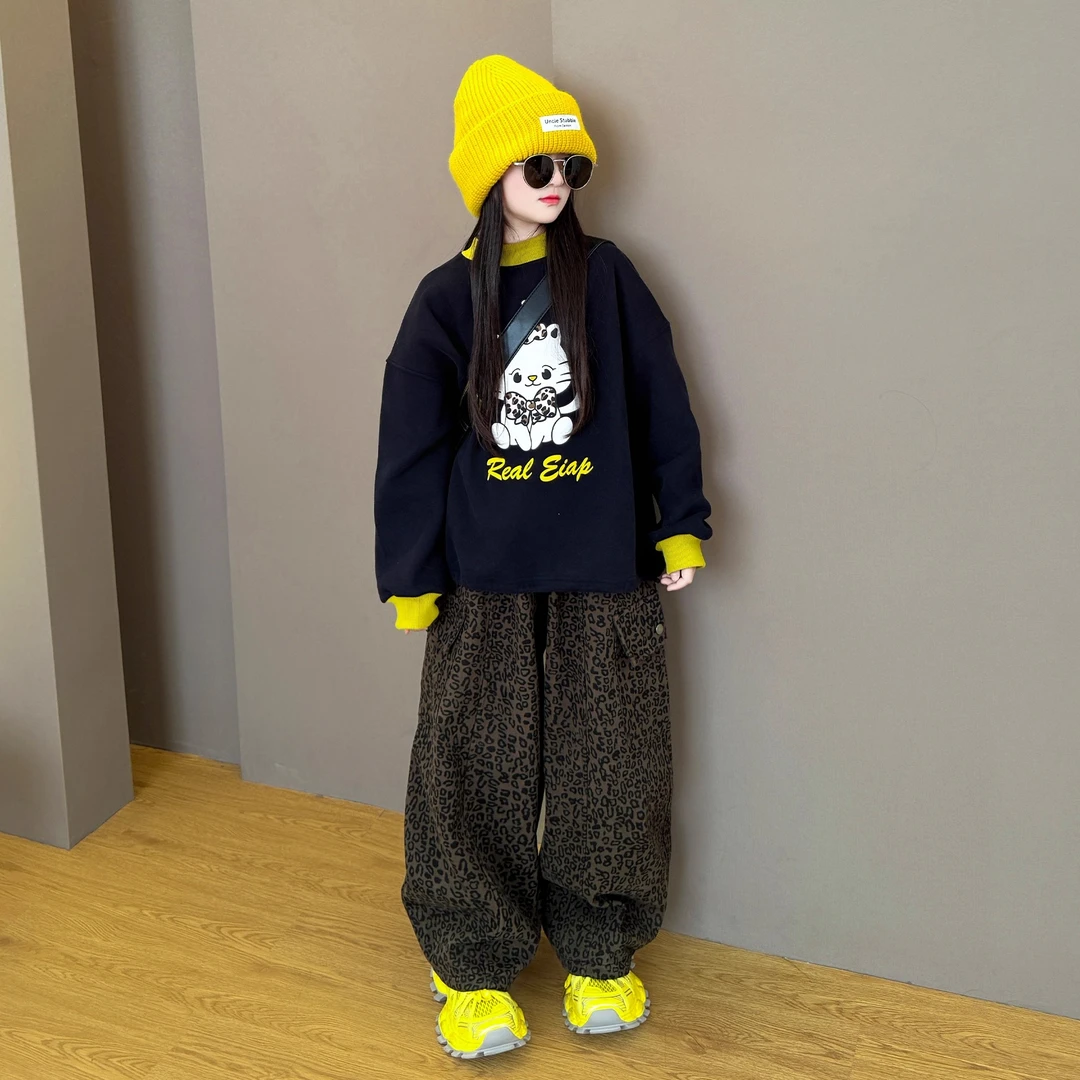 女童2025新款儿童秋冬季加绒印花卡通宽松韩版卫衣豹纹阔腿裤套装