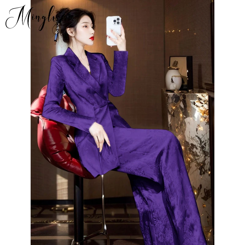 2025年春季高知穿搭复古新中式提花紫色盘扣西装阔腿裤两件套装女