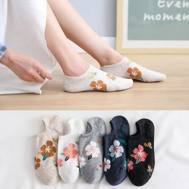 【5双装】新款女士小花袜子 低帮短筒棉袜船袜女ins潮隐形袜子