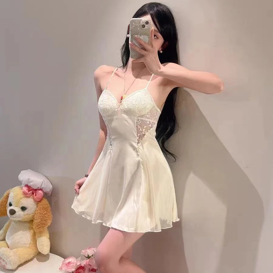 性感睡衣女冰丝夏季薄款带胸垫蕾丝网纱纯欲风吊带睡裙