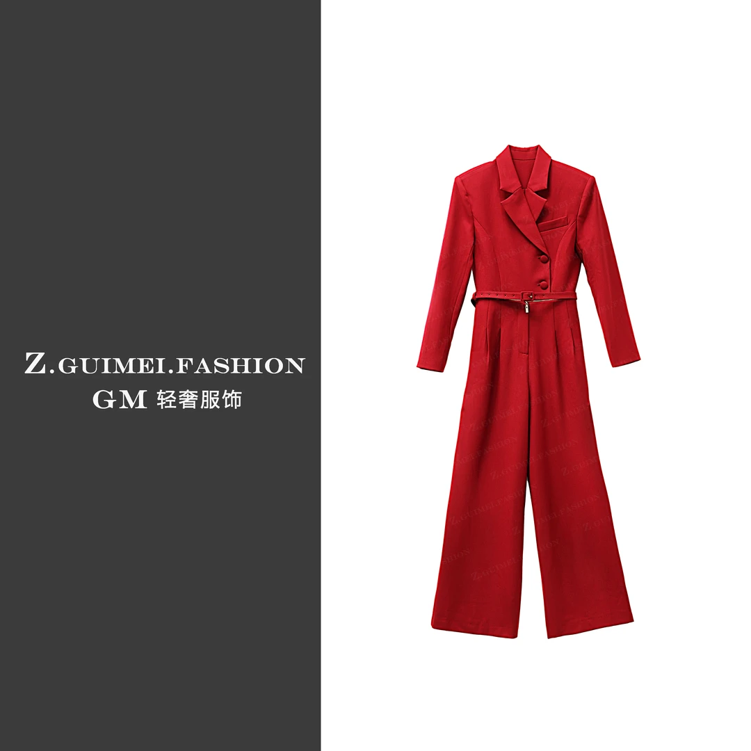 【肆姐高定】时尚外翻领收腰拉链连体裤X3346